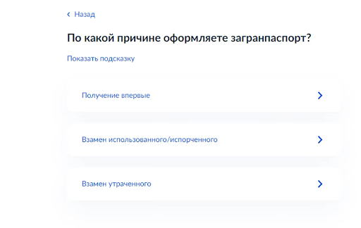 Форма для указания причин оформления загранпаспорта нового образца
