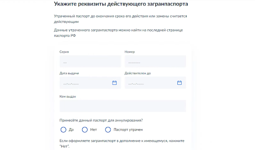 Поля для данных действующего загранпаспорта
