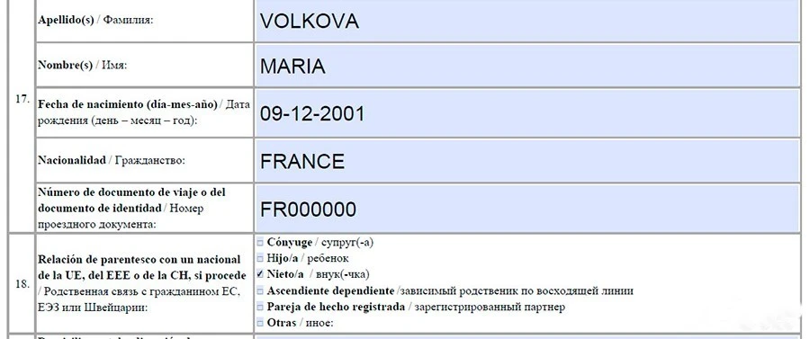 Поле для заполнения данных о родстве с гражданином ЕС в анкете на испанскую визу